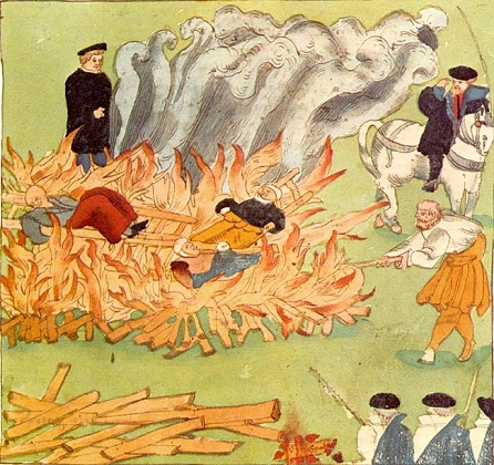 Upálení žen obviněných z čarodějnictví roku 1585 ve Švýcarsku  Johann Jakob Wick • Public domain