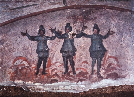 Tři mládenci v hořící peci, raná křesťanská freska, Priscilliny katakomby, Řím, konec 3. století, volné dílo