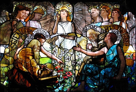 Veda a náboženstvo v harmónii. Mozaika z 19. storočia od Louisa Tiffanyho. Foto - wikipedia.org, domain umum.