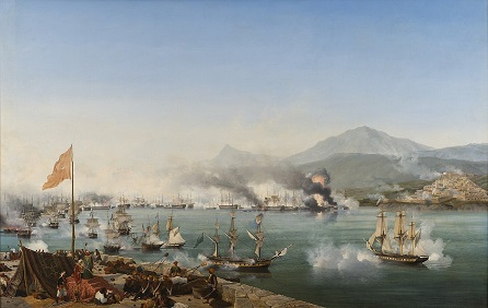 Hořící turecká flota v zálivu Navarino, 20. říjen 1827, volné dílo, cs.wiki...